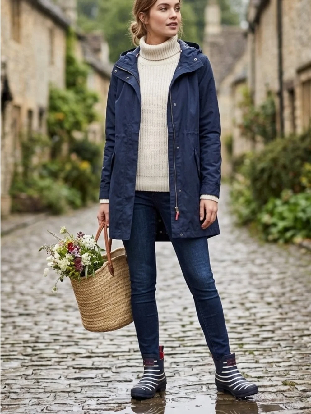 Joules Wellibob Navy White Striped Ankle Rain Boots Women's Size 7 Waterproof